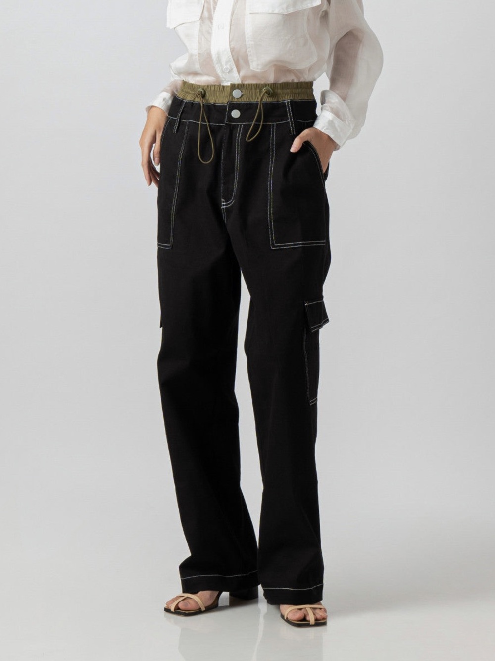 3 Mongkis Indonesian street wear brand Samder denim pants with olive waist band